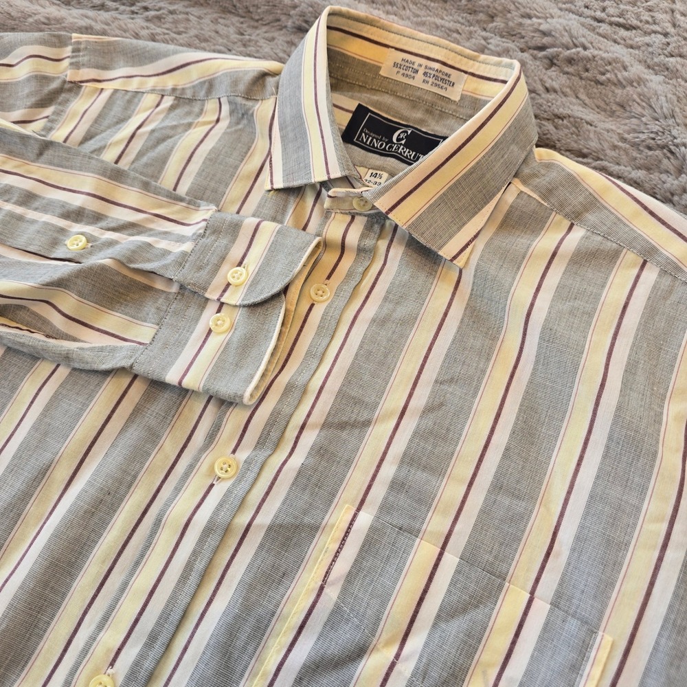 Nino‎ Cerruti Mens Striped Dress Shirt Grey Yellow Burgundy 14.5 Cotton Blend